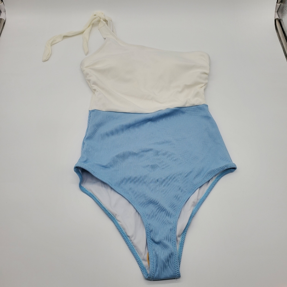 ☆ Annbon One Shoulder One Piece Swim Suit Size Small White and Blue NWOT